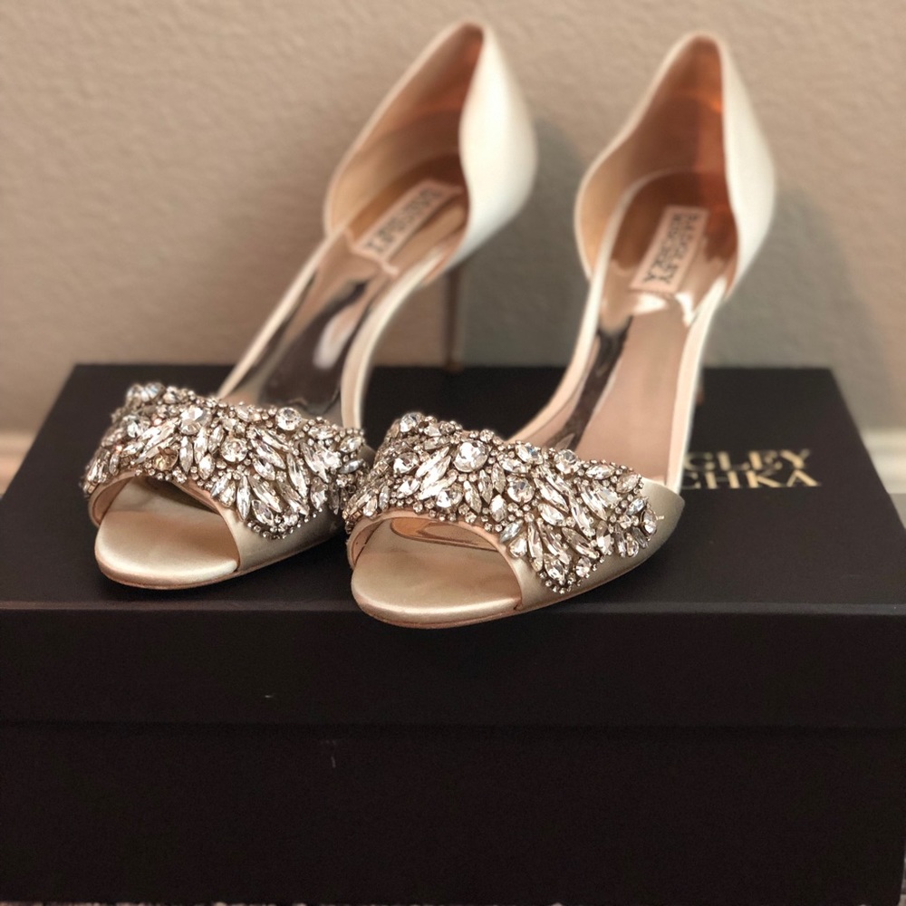 Badgley Mischka Satin Jeweled Peep-Toe d' Pumps